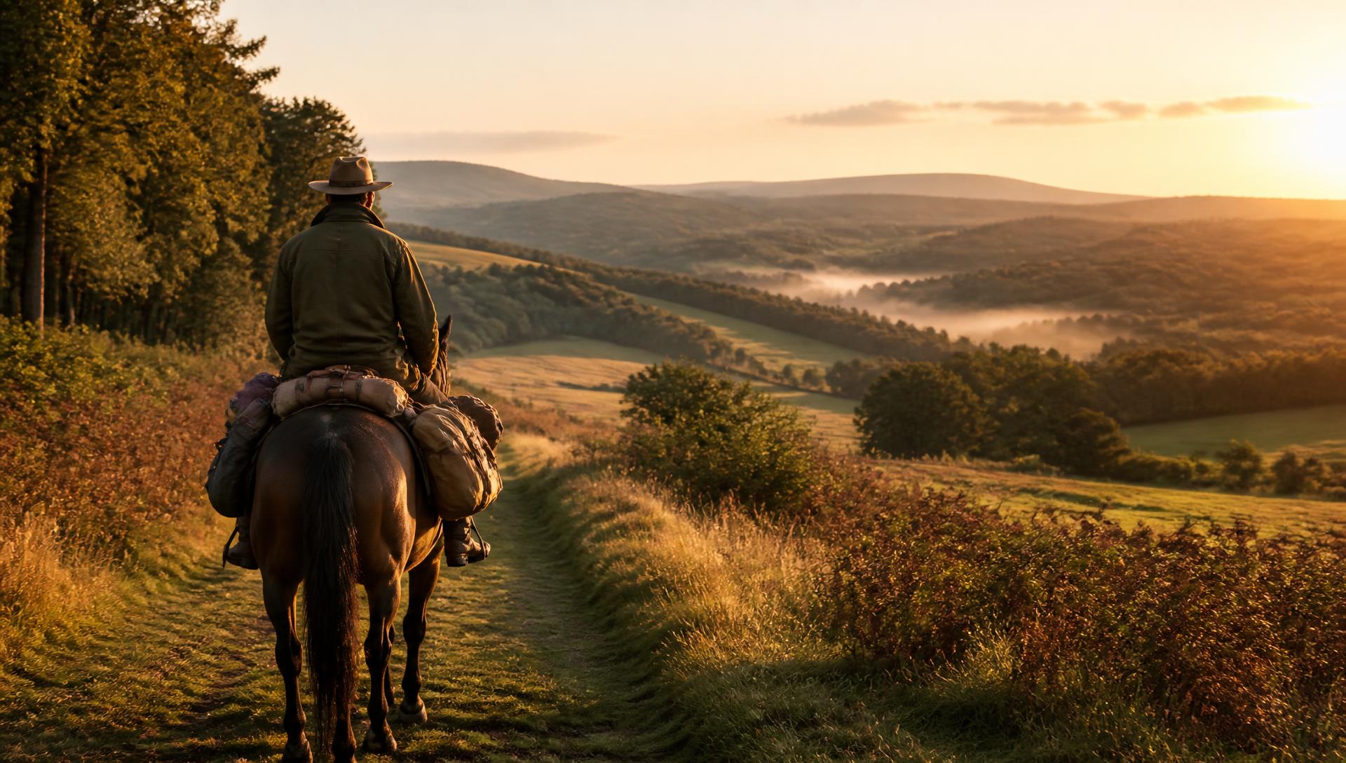 Cavalière et son cheval sur un chemin forestier au lever du jour